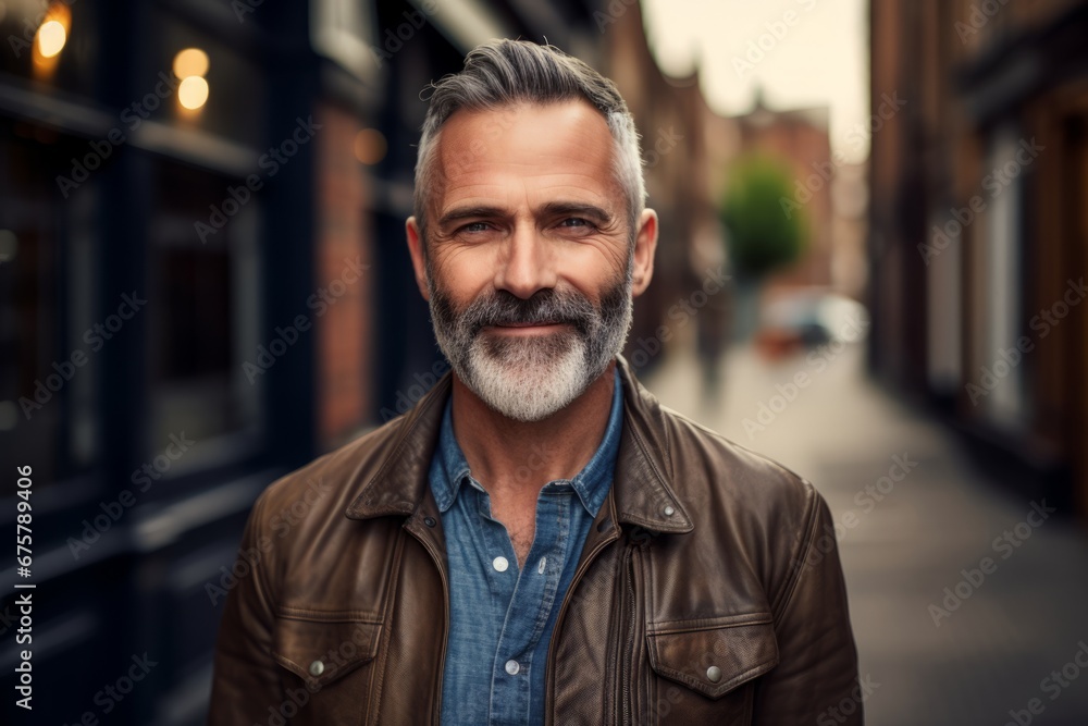 Portrait of a handsome middle-aged man with gray beard and mustache wearing a brown leather jacket in the city.