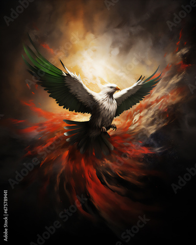 phoenix bird with with white red, black and green feather, palestinian flag,hyper realistic, dramatic light and shadows,