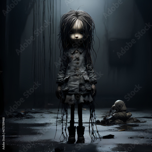 Photo de poupée vêtue de noir effrayante et glauque  photo