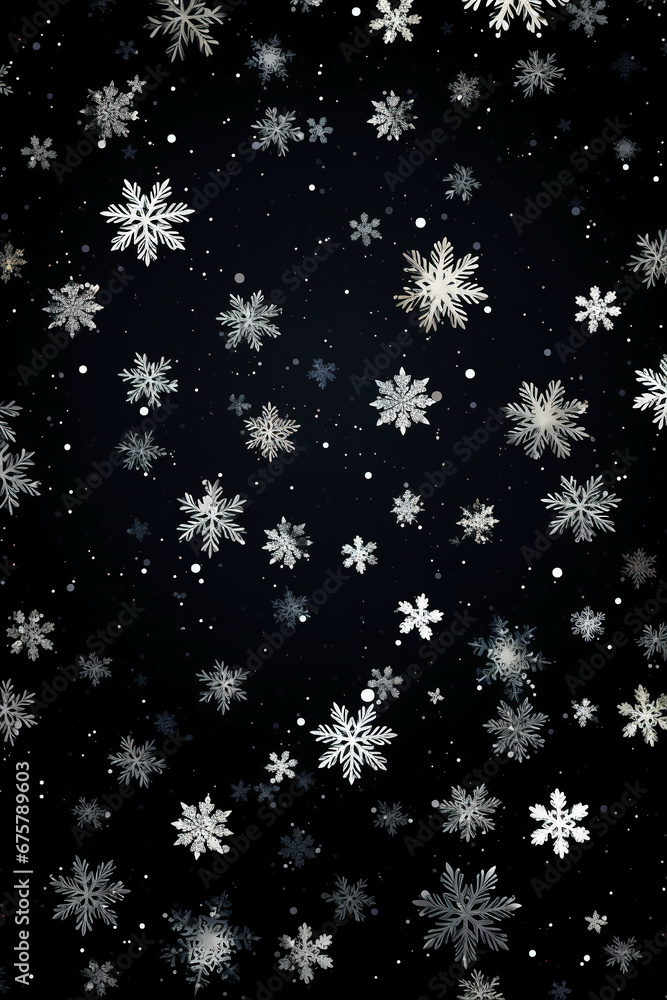 black background with white 3 dimentional tiny white snowflakes all over. AI generative black background with white 3 dimentional tiny white snowflakes all over. AI generative