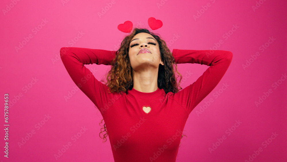 Zen woman stretches arms behind head, breathes, meditate self love, Valentine