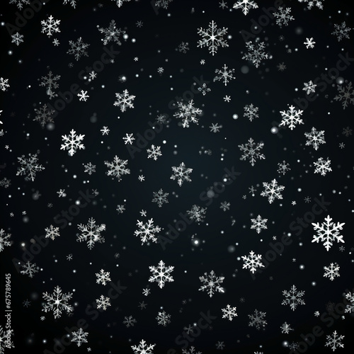 black background with white 3 dimentional tiny white snowflakes all over. AI generative