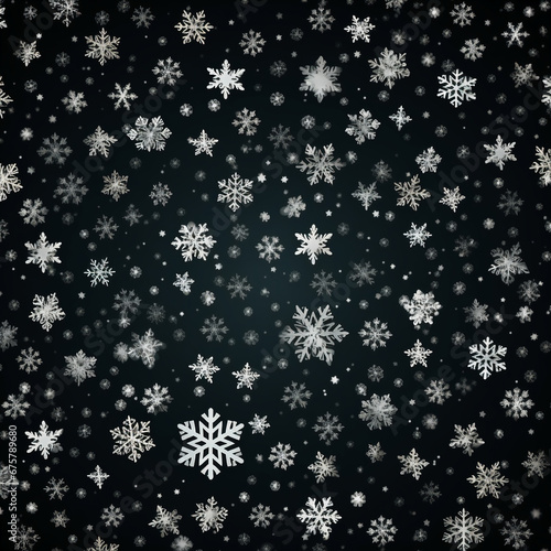 black background with white 3 dimentional tiny white snowflakes all over. AI generative photo