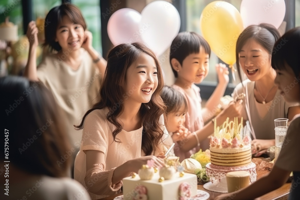 A beautiful young girl and her Asian family have fun celebrating their birthday with a birthday cake and candles while smiling for the camera. Celebrate children's birthdays with family A beautiful young girl and her Asian family have fun celebrating their birthday with a birthday cake and candles while smiling for the camera. Celebrate children's birthdays with family