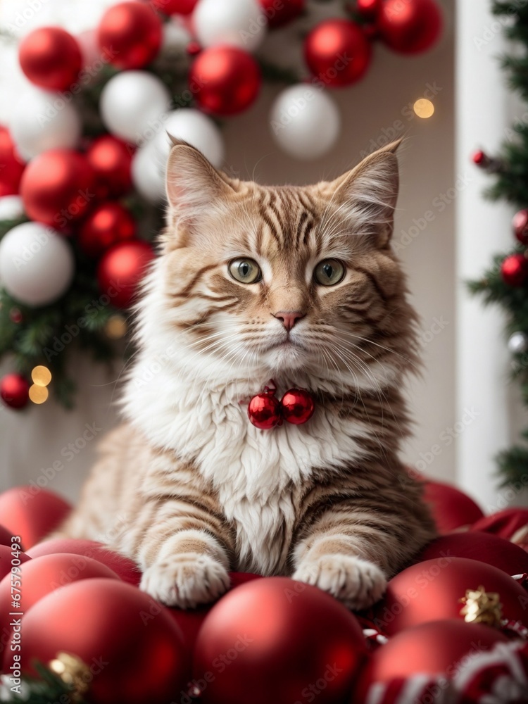 Cute cat. Merry Christmas and Happy New Year decoration - balls, balloons, toys and gifts around. X-mas postcard Cute cat. Merry Christmas and Happy New Year decoration - balls, balloons, toys and gifts around. X-mas postcard