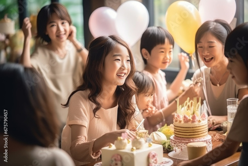 A beautiful young girl and her Asian family have fun celebrating their birthday with a birthday cake and candles while smiling for the camera. Celebrate children s birthdays with family