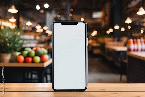 smartphone mockup white screen. mobile phone on grocery shop supermarket Background. device UI UX mockup. phone different angles views.