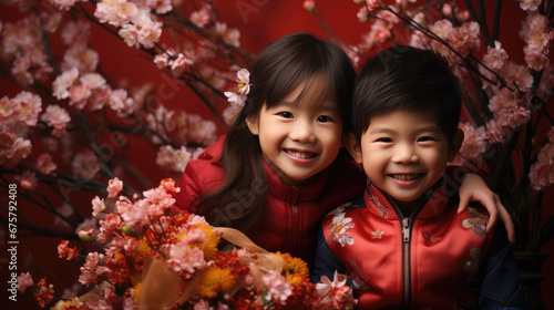 happy smiling Chinese boy and girl wearing red traditional clothing for Chinese new year