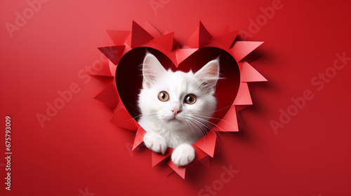 White cat peeking out of a hole in red paper in the shape of a heart. Valentine's Day love concept © Katrin_Primak