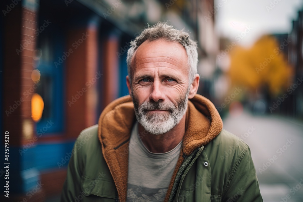 Portrait of a handsome senior man with grey beard in the city
