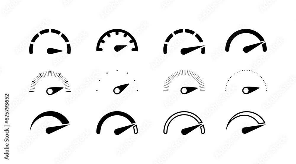 Speedometer icons. Silhouette, set of speedometer indicators icons for design. Vector icons - obrazy, fototapety, plakaty 