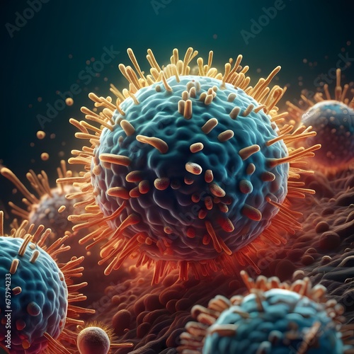 A microscopic close-up image of a virus attacking a cell.