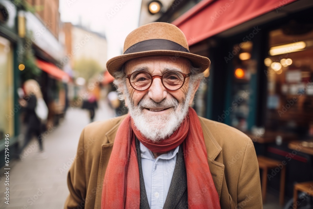 Portrait of senior man with hat and glasses in the city. Portrait of senior man with hat and glasses in the city.