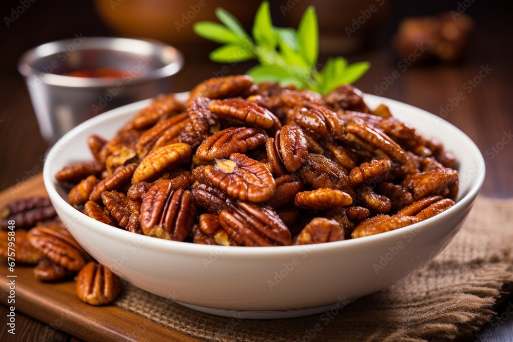 Sweet Crunch Delight: Caramelized Pecans, Perfect as an Appetizer or Salad Topping in a White Bowl Sweet Crunch Delight: Caramelized Pecans, Perfect as an Appetizer or Salad Topping in a White Bowl
