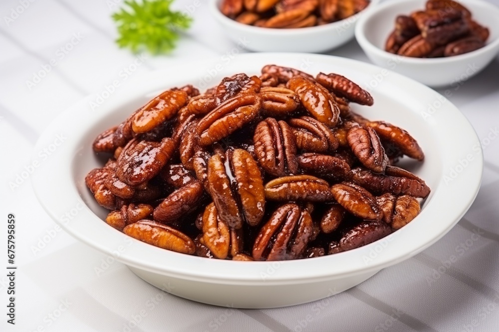 Sweet Crunch Delight: Caramelized Pecans, Perfect as an Appetizer or Salad Topping in a White Bowl Sweet Crunch Delight: Caramelized Pecans, Perfect as an Appetizer or Salad Topping in a White Bowl