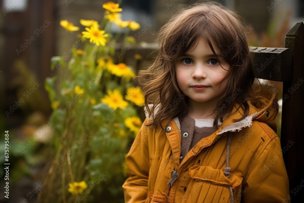 Portrait of a little girl in a yellow coat in the garden Portrait of a little girl in a yellow coat in the garden