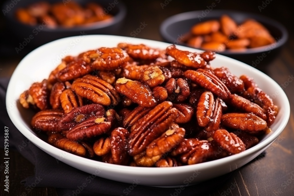 Sweet Crunch Delight: Caramelized Pecans, Perfect as an Appetizer or Salad Topping in a White Bowl Sweet Crunch Delight: Caramelized Pecans, Perfect as an Appetizer or Salad Topping in a White Bowl
