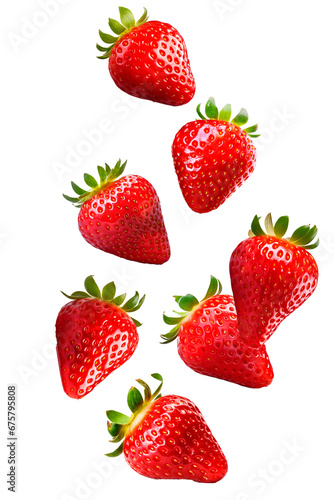 Whole falling strawberry fruits on white