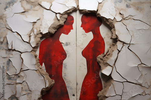 Broken, worn out and fragmented family. Concept of love ending and crumbling in a story of breaking family ties. Broken relationship fissure with peeling wall.