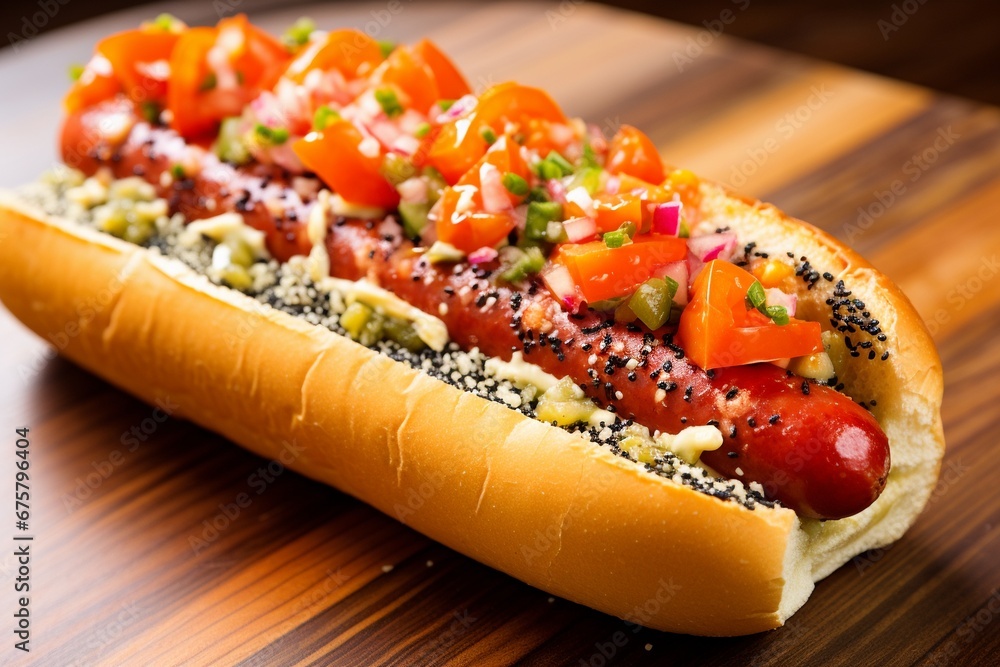 Fototapeta Windy City Classic: Chicago-Style Hot Dog nestled in a Poppy Seed Bun, topped with Tomatoes and Sweet Relish