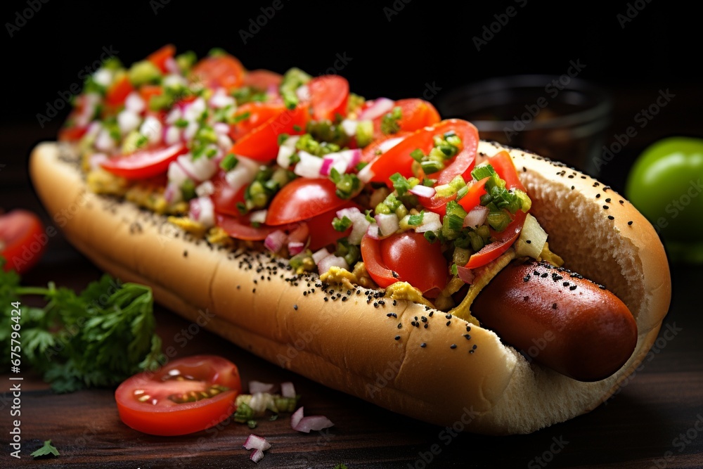 Windy City Classic: Chicago-Style Hot Dog nestled in a Poppy Seed Bun, topped with Tomatoes and Sweet Relish Windy City Classic: Chicago-Style Hot Dog nestled in a Poppy Seed Bun, topped with Tomatoes and Sweet Relish