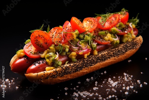 Windy City Classic: Chicago-Style Hot Dog nestled in a Poppy Seed Bun, topped with Tomatoes and Sweet Relish
