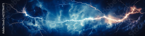 Electric lightning in the dark stormy sky. Night thunderstorm background