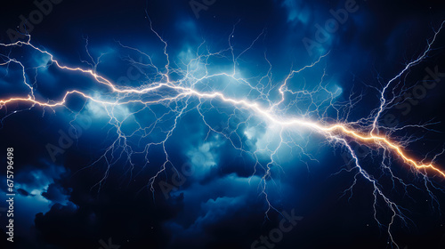 Electric lightning in the dark stormy sky. Night thunderstorm background