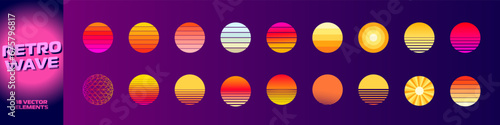 Retro sun. Retro sun set. Vintage sunsets in 80s-90s style.