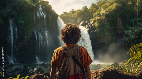 Caucasian boy standing on a rock watching the water fall from the waterfall in the lush forest.
