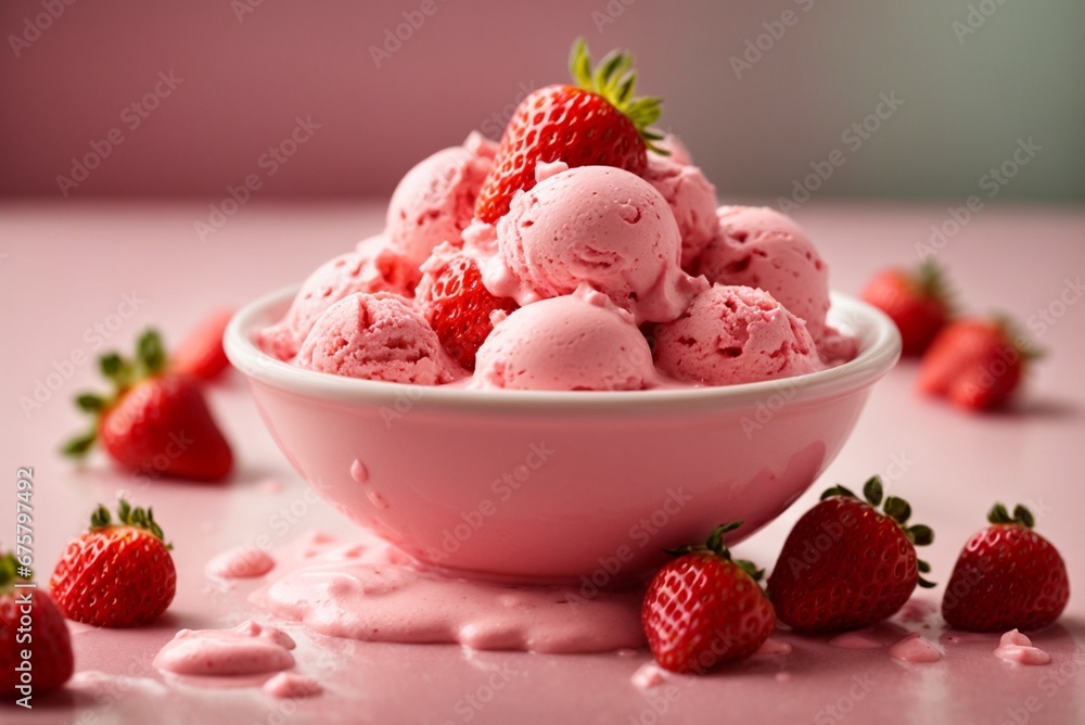 Strawberry ice cream in a glass with fresh strawberries on pink background Strawberry ice cream in a glass with fresh strawberries on pink background