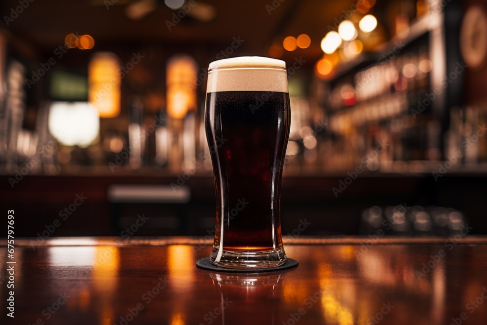 Rich Brew: Dark Stout Beer Poured into a Tall Glass with Frothy Foam, Resting on a Bar Counter Against a Blurred Pub Background