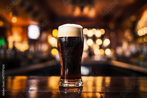 Rich Brew: Dark Stout Beer Poured into a Tall Glass with Frothy Foam, Resting on a Bar Counter Against a Blurred Pub Background