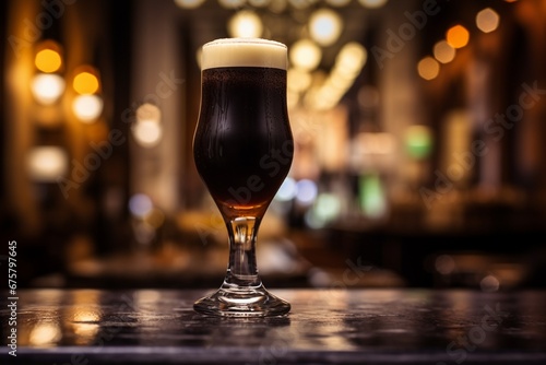 Rich Brew: Dark Stout Beer Poured into a Tall Glass with Frothy Foam, Resting on a Bar Counter Against a Blurred Pub Background