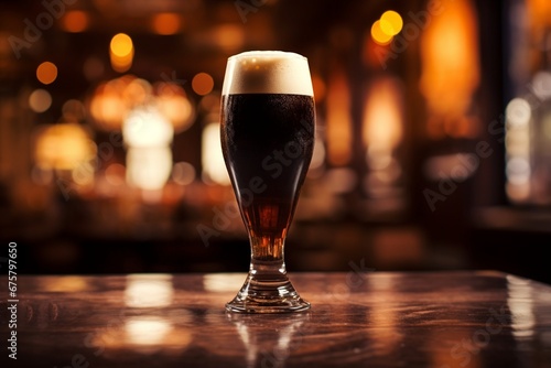 Rich Brew: Dark Stout Beer Poured into a Tall Glass with Frothy Foam, Resting on a Bar Counter Against a Blurred Pub Background
