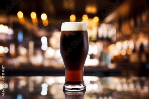 Rich Brew: Dark Stout Beer Poured into a Tall Glass with Frothy Foam, Resting on a Bar Counter Against a Blurred Pub Background