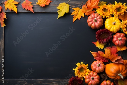 Autumn Canvas  An Empty Chalkboard Surrounded by Pumpkins  Sunflowers  and the Rustic Tapestry of Fall Leaves