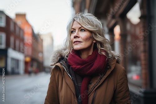 Outdoor portrait of beautiful middle-aged woman in the city.