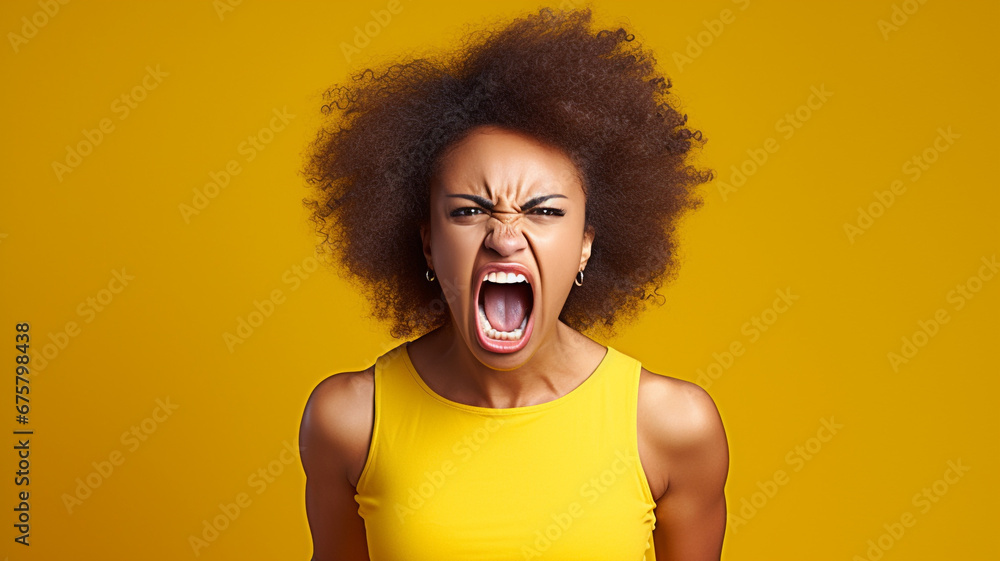 Angry irritated African American girl on yellow background Angry irritated African American girl on yellow background