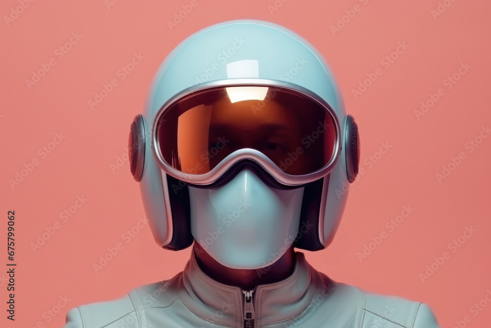 Surrealistic portrait of a male racer wearing a retro helmet on a pink background. Surrealistic portrait of a male racer wearing a retro helmet on a pink background.