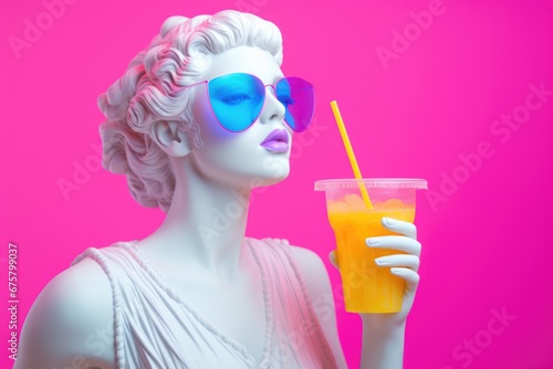 Portrait of a white sculpture of Aphrodite wearing blue sunglasses with an orange colored cocktail glass on a pink background. photo
