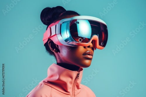 Portrait of an African American girl wearing modern virtual reality goggles on a blue pastel background.