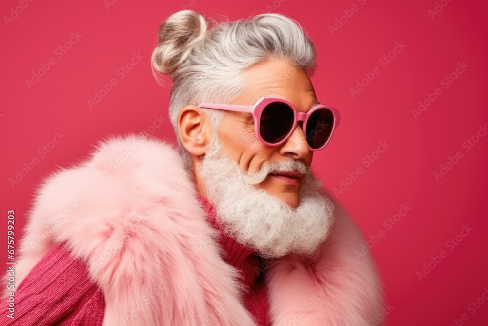 Brutal portrait of an aged man with a white beard and mustache wearing pink sunglasses and a pink fur tulupe. Brutal portrait of an aged man with a white beard and mustache wearing pink sunglasses and a pink fur tulupe.