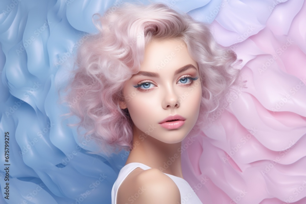 Portrait of a sad blue-eyed blonde on a pastel pink and blue wavy background.