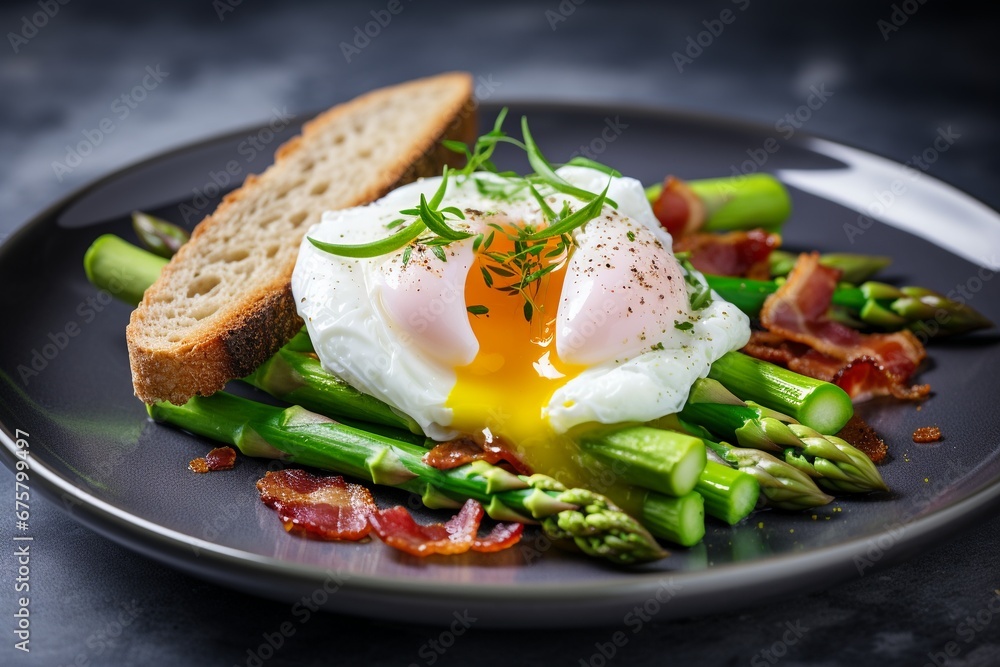 Nourishing Start: Healthy Breakfast featuring Poached Eggs, Crispy Bacon, and Fresh Asparagus Spears