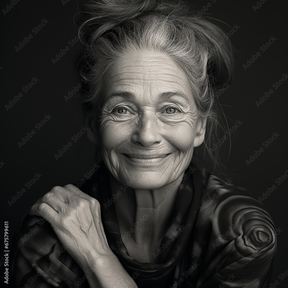 black and white portrait of an older smiling happy woman with no make up black and white portrait of an older smiling happy woman with no make up