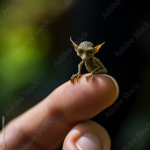 a small ugly elf on a human finger