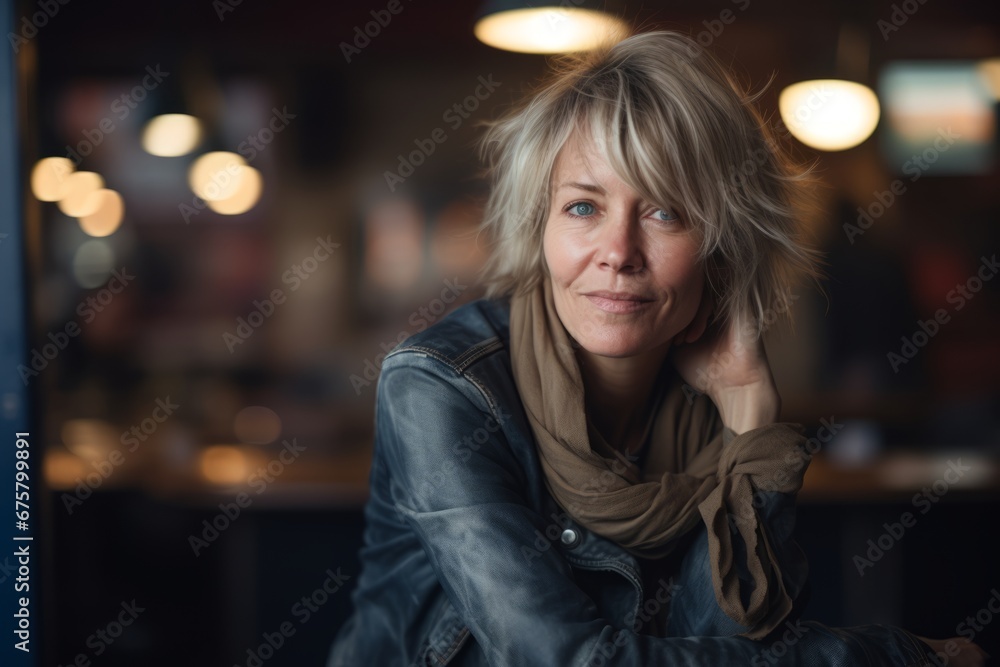 Portrait of middle aged woman sitting in cafe and looking at camera