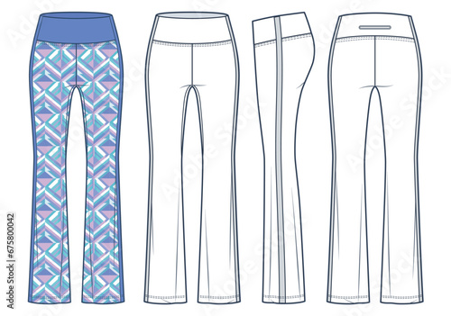 Flared Leggings Pants technical fashion illustration, geometric pattern. Stripes Leggings fashion technical drawing template, front, side, back view, white, violet, women, men, unisex CAD mockup set. 