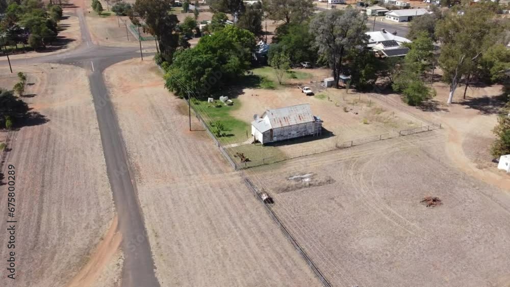 Aerial view of a small country catholic chapel in an outback town in Australia Aerial view of a small country catholic chapel in an outback town in Australia
